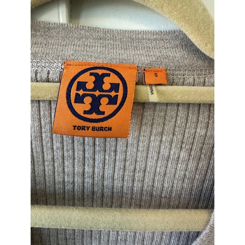 Tory Burch Merino Wool Ribbed Cardigan Beige Gold Logo Button 14123179 Sz S(A)